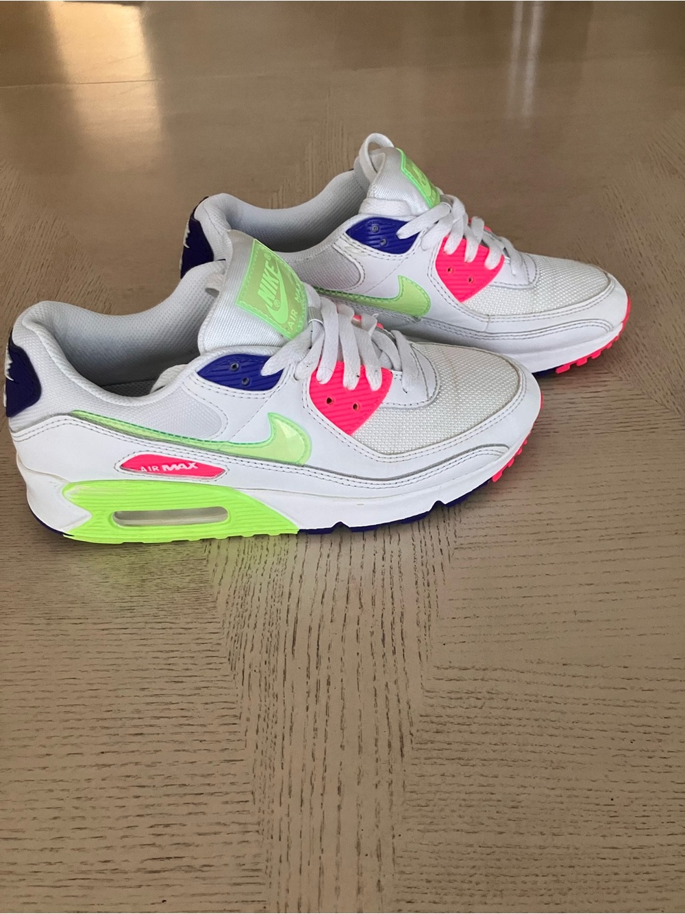 Nike Air Max 90 White Sneakers with Neon Green, Hot Pink & Purple Accents